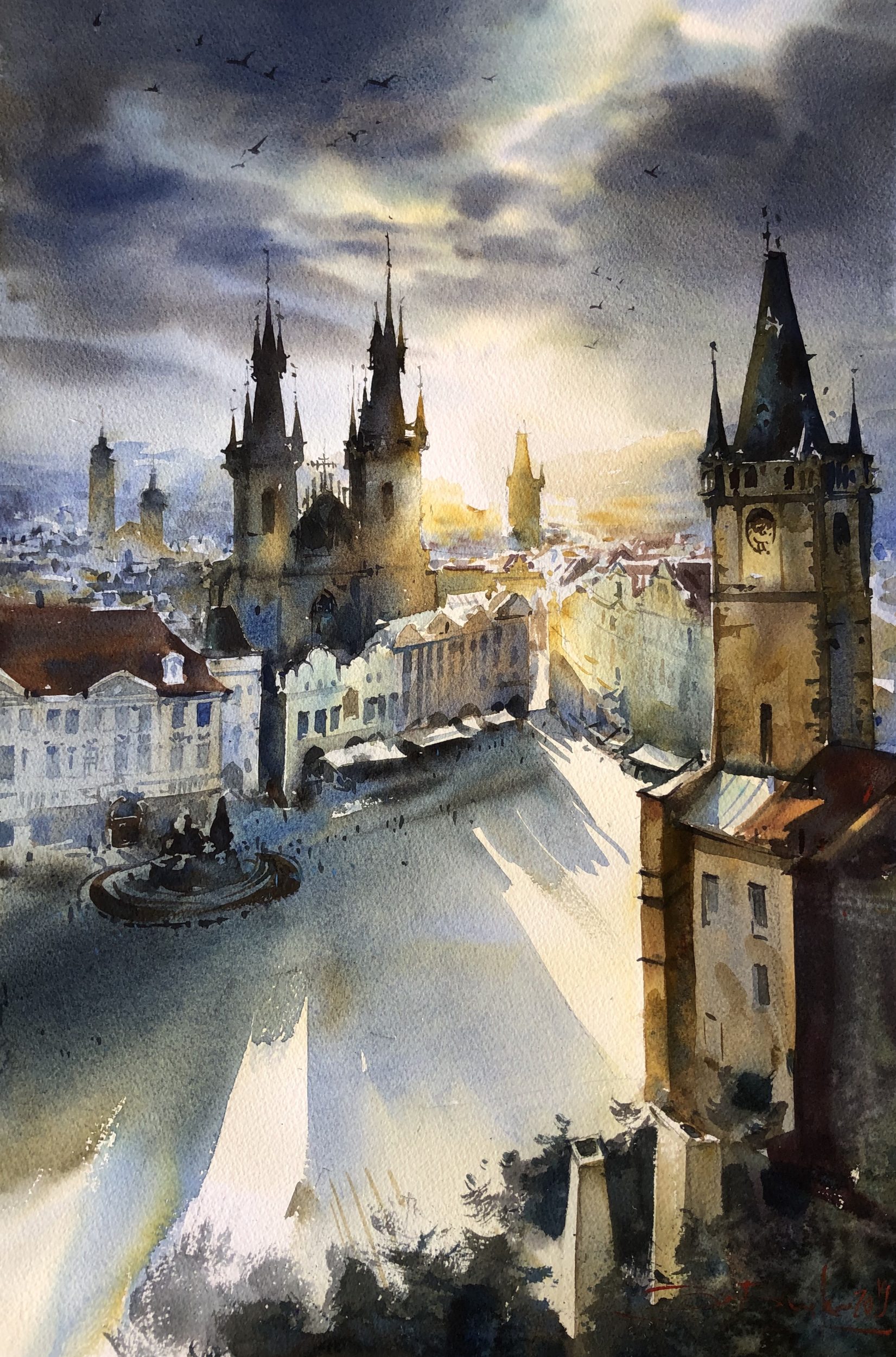 Golden Prague, Watercolour, 56x38cm Zlatá Praha